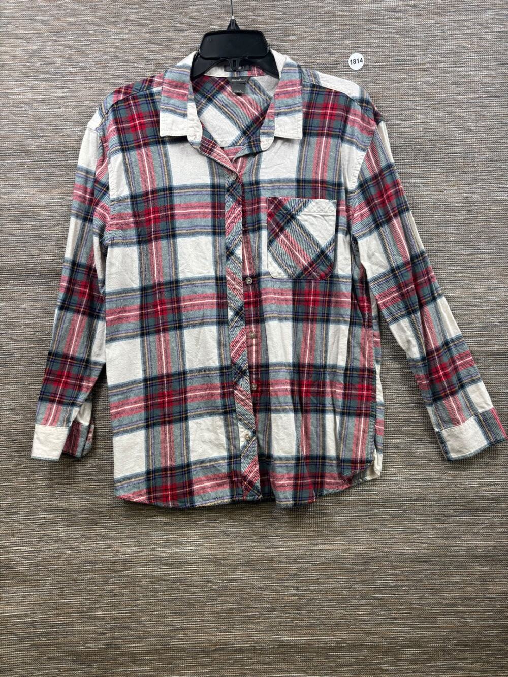 Eddie Bauer Plaid Shirt Boyfriend Fit Womens Size L Red Multi-Color Long Sleeve